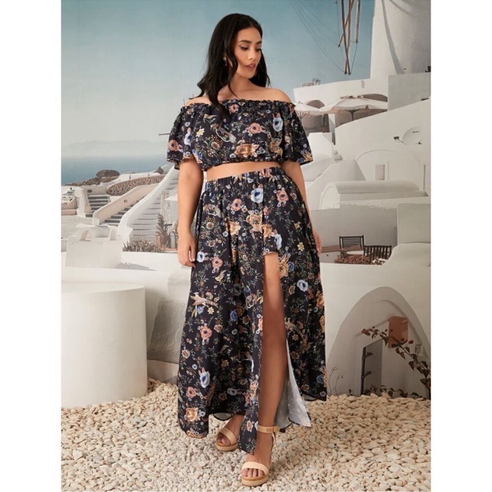 SHEIN VCAY Floral Print Frill Trim Off Shoulder Crop Top & Split Thigh Skirt